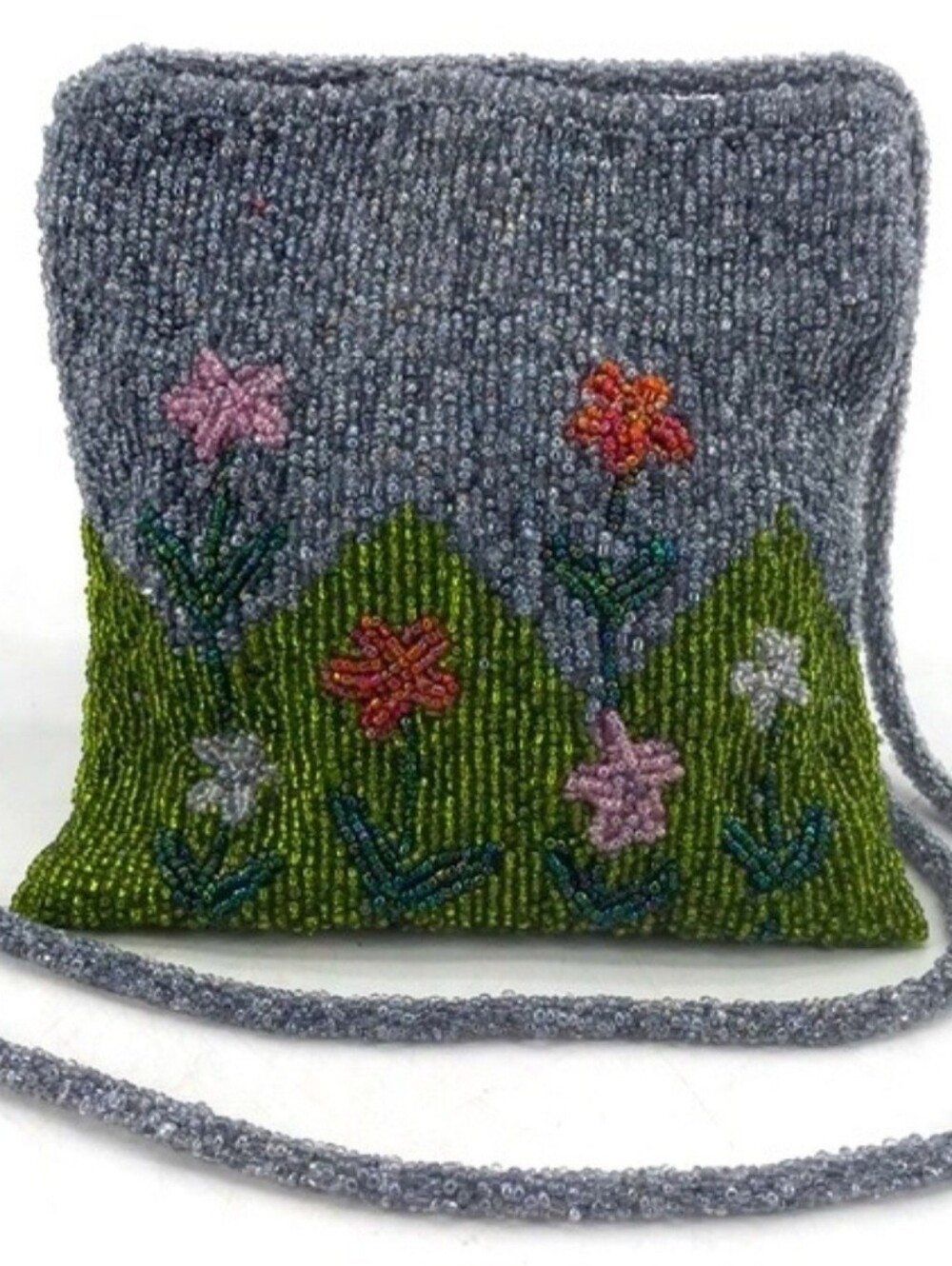 Christian Livingston Vintage Beaded Floral Crossbody Bag in Gray and Green